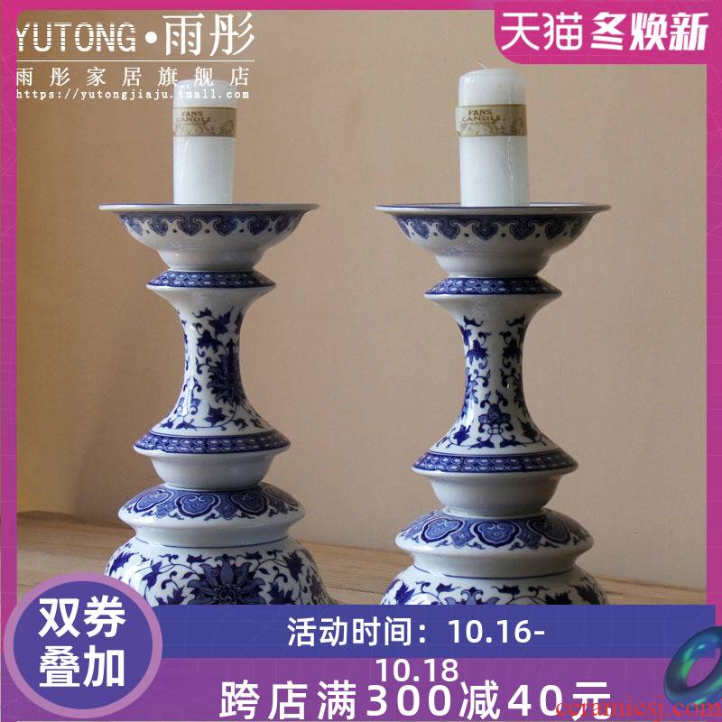 Jingdezhen blue and white porcelain high candlestick creative ceramic candelabra handicraft zen ceramic decorative furnishing articles