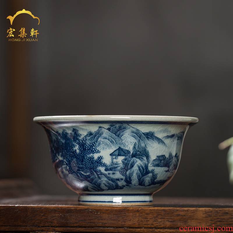 Hand draw archaize yongle blue and white landscape cup triangle flowers pattern circle pressure Hand cup master cup one cup of jingdezhen ceramic kung fu tea cups