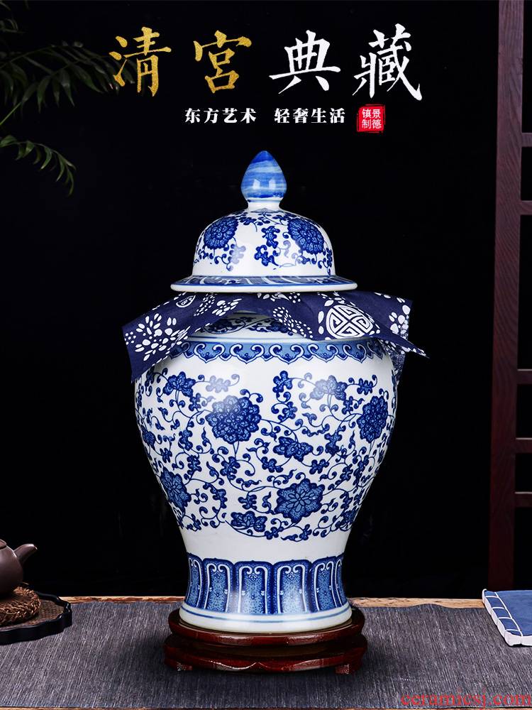 Blue and white porcelain of jingdezhen ceramics pu 'er tea jar of antique Chinese traditional medicine a large jar with cover sealing general furnishing articles