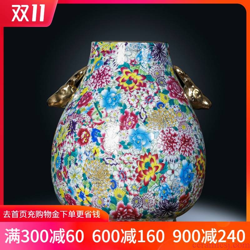 Jingdezhen ceramics powder enamel flower ear vase Chinese style restoring ancient ways is the sitting room porch TV ark adornment furnishing articles