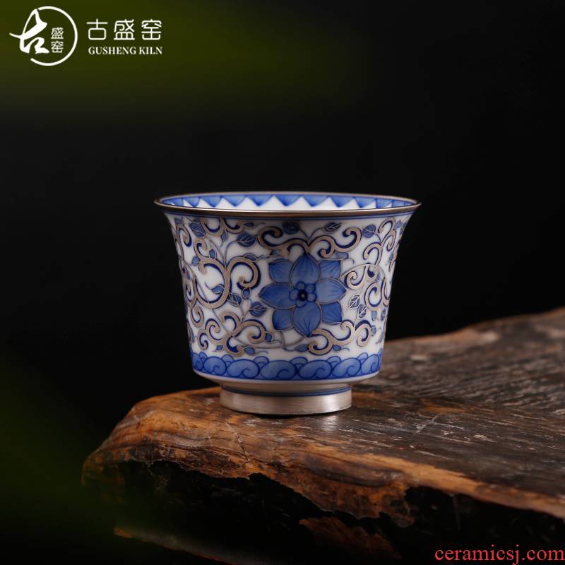 The ancient silver cup pure manual coppering. As sheng up 999 sterling silver master cup with silver blue cup of jingdezhen ceramic cup