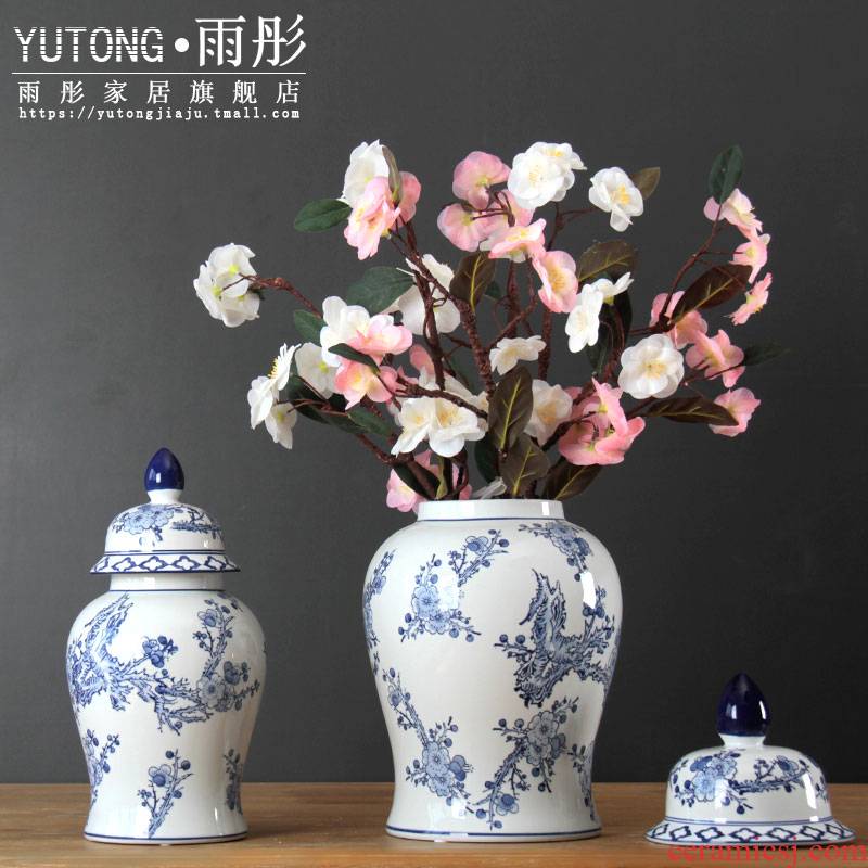 Jingdezhen ceramic furnishing articles general blue and white porcelain pot and square pot of new Chinese style living room decoration flower vase