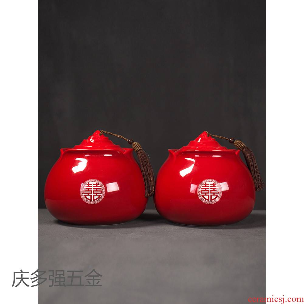 Wedding tea pot ceramic supplies daqo and joyful Wedding set red small seal storage tank customization