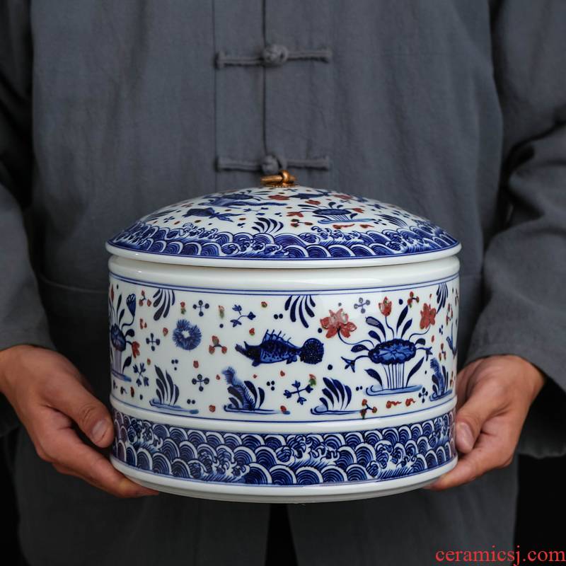 Restoring ancient ways of jingdezhen blue and white youligong pu 'er tea pot seal moisture tea cake storage POTS of household