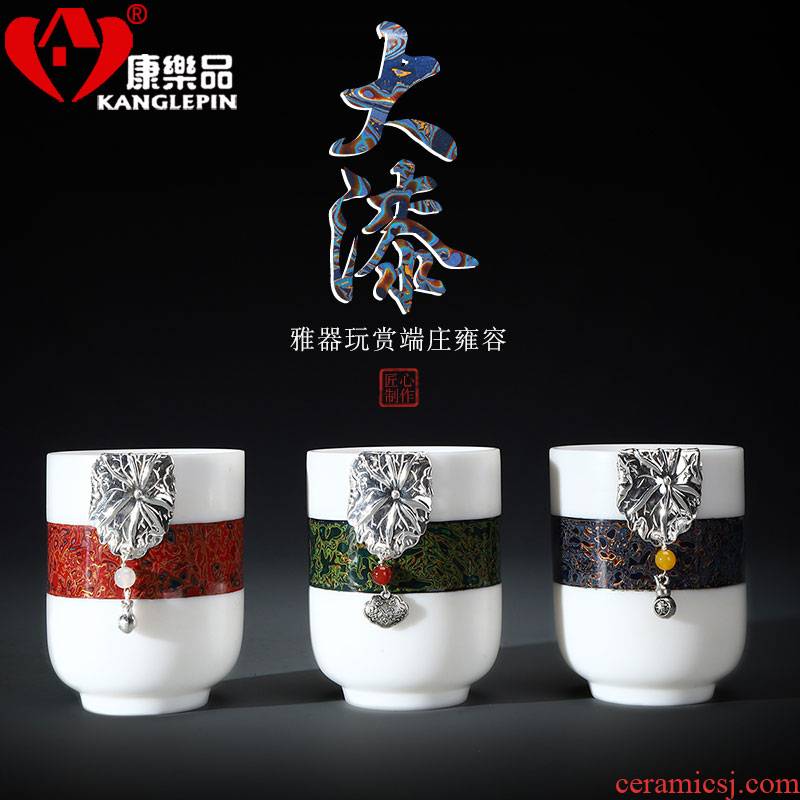 Recreational taste Chinese lacquer tea set with silver 999 dehua white porcelain cups suet jade pure manual master cup Chinese ceramics
