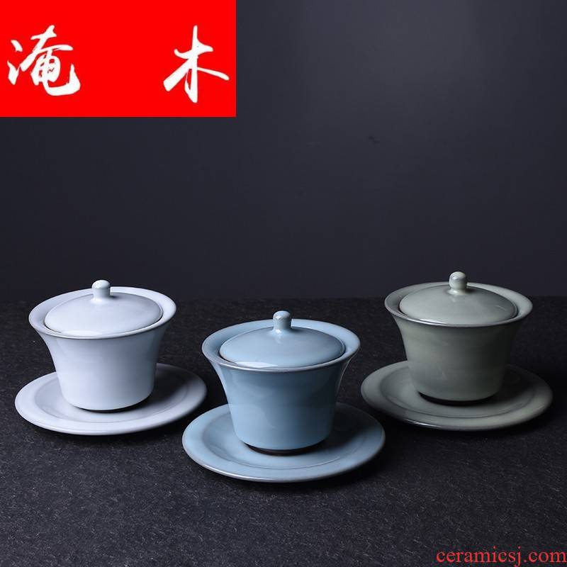 Flooded your up wood tea set large tureen open household ceramic tea cup ice crack glaze three bowl is only pure Chinese style restoring ancient ways