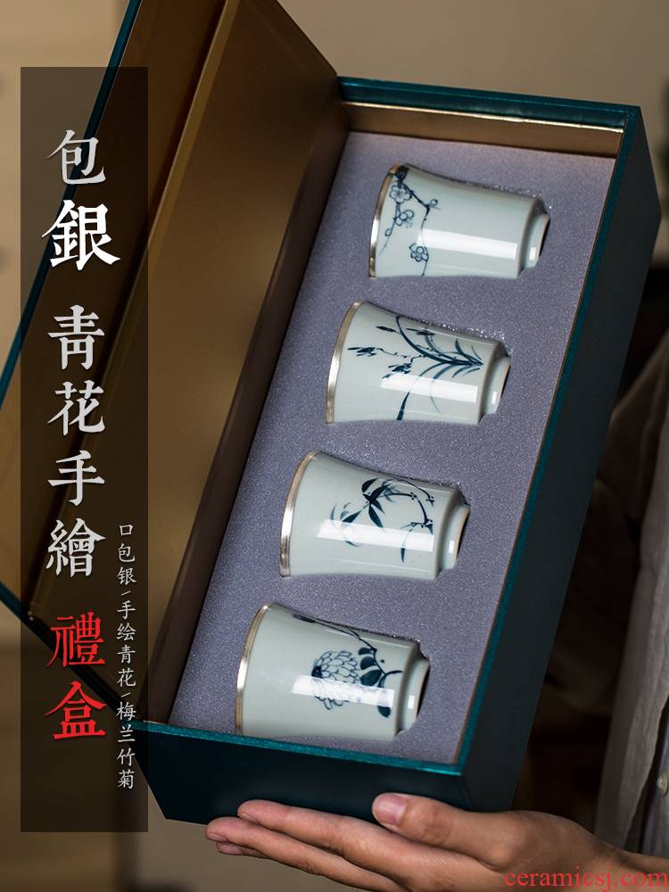 Public remit silvering kung fu masters cup hand - made of blue and white porcelain cups of jingdezhen ceramic tea set gift boxes restoring ancient ways