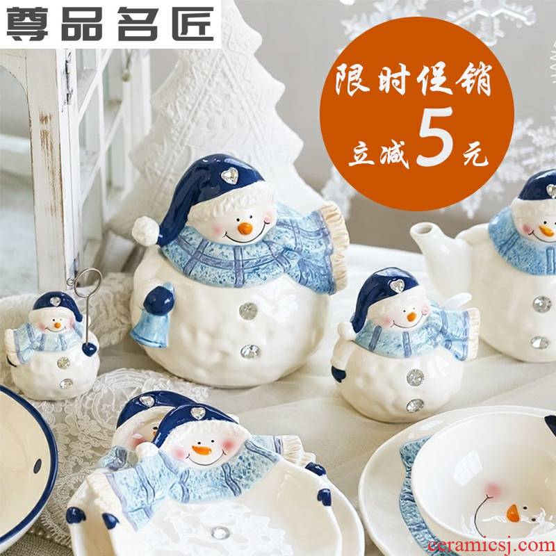 MOE! Express cartoon ceramic bowl handicraft snack plate to receive the teapot pot seasoning bottle snowman plate