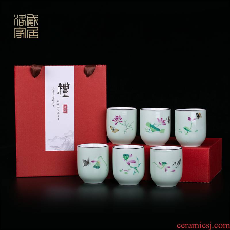 Blower, celadon porcelain cups with a cup of water cup six young jingdezhen hand - made tea sets kung fu tea cups