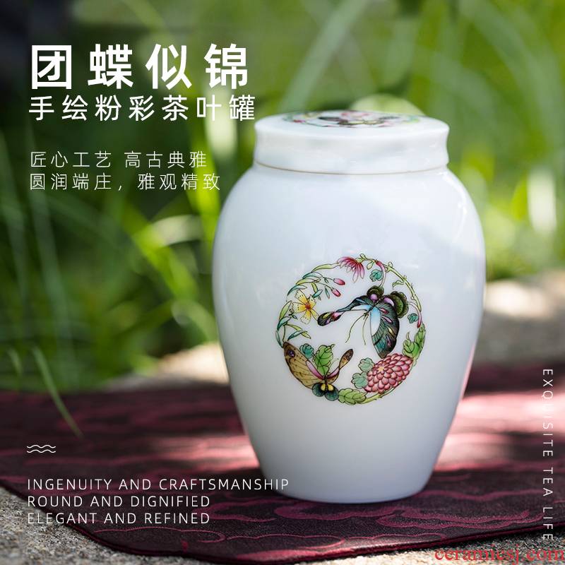 Wake up POTS butterfly like brocade pure manual painting small storage tanks of jingdezhen ceramic seal tank portable receive a box