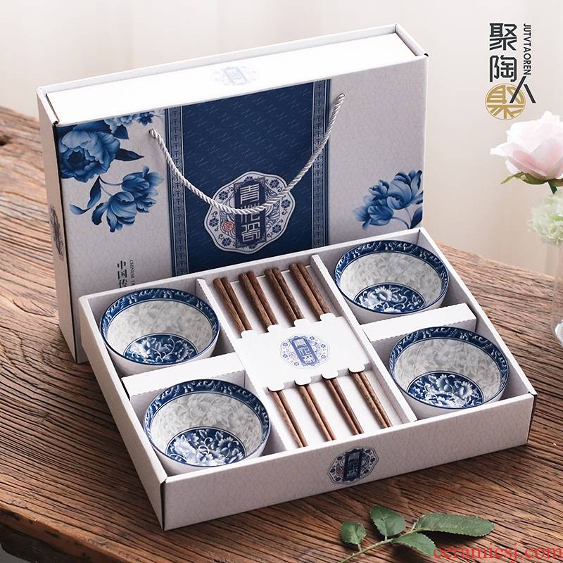 Gift suit batch of household chopsticks suit to use the custom printed LOGO national color blue and white porcelain bowls set Gift boxes