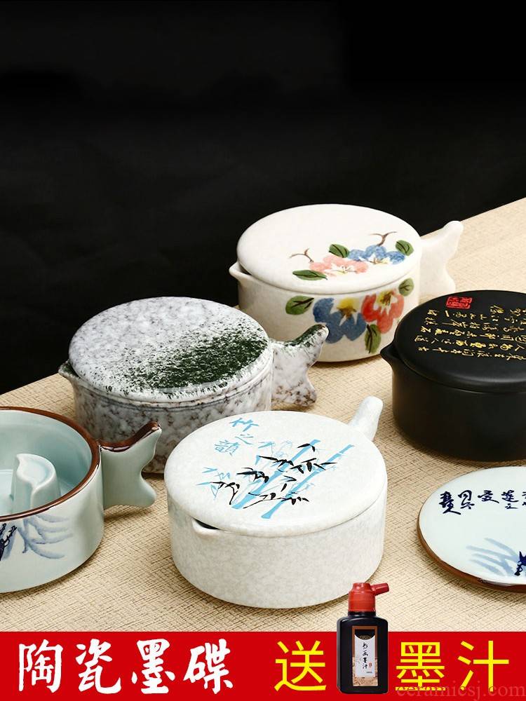 Multifunctional ceramic the inkwell with cover high - grade multi - purpose penholder pen writing calligraphy sheng ink ink fountain students lick the writing brush washer from Chinese painting ink dish of four treasures ink inkstone ink kelp tools