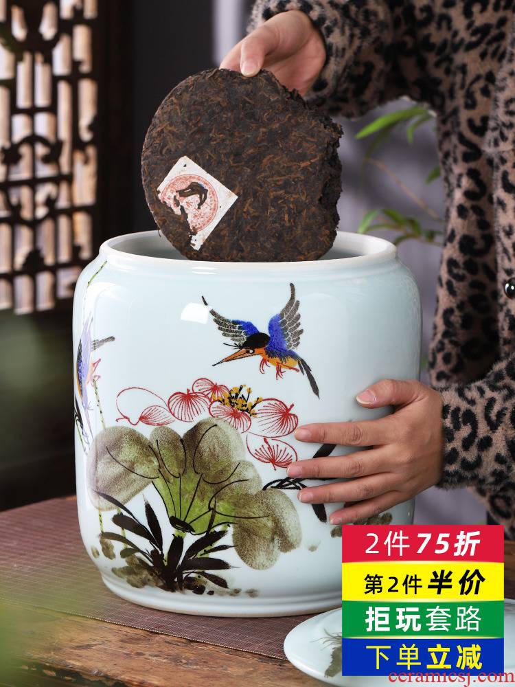Jingdezhen ceramics hand - made tea pot and tea cake large storage tank sitting room of Chinese style household decorative furnishing articles