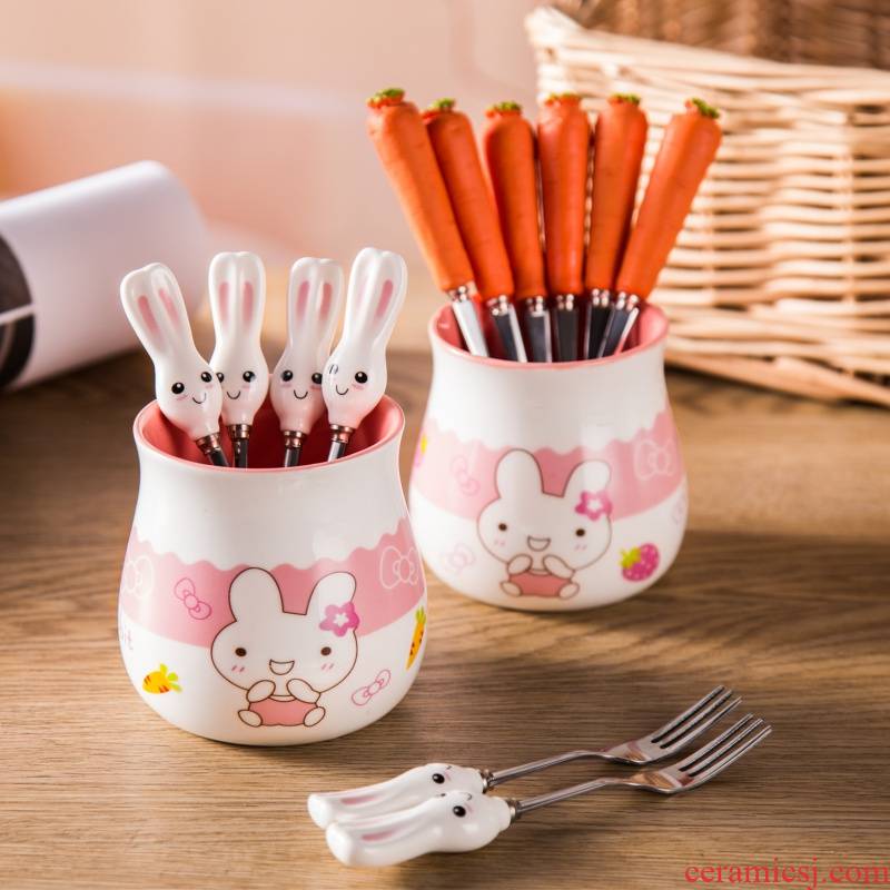 Creative cartoon ceramic stainless steel small lovely fruit dessert fork fork fork fruit dessert fork fork suit