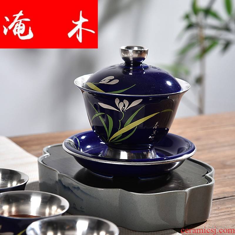 Flooded jingdezhen wood household tureen ji LAN silver ceramic glaze coppering. As kung fu tea cups three of the bowl silver tureen