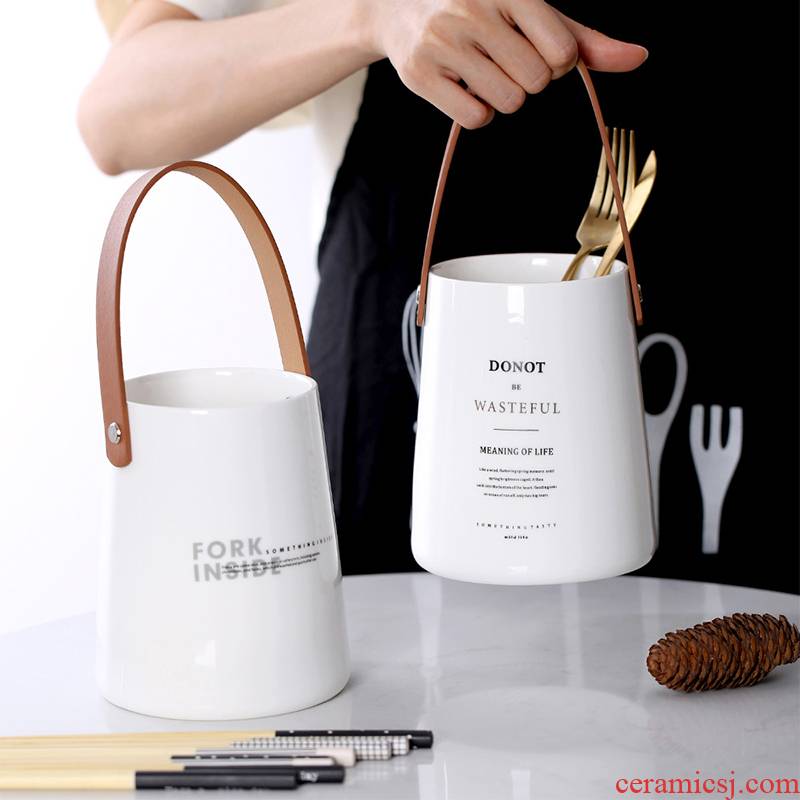 The Nordic leather handle household utensils canister creative contracted The kitchen knife and fork spoon The receive tube ceramic chopsticks cage