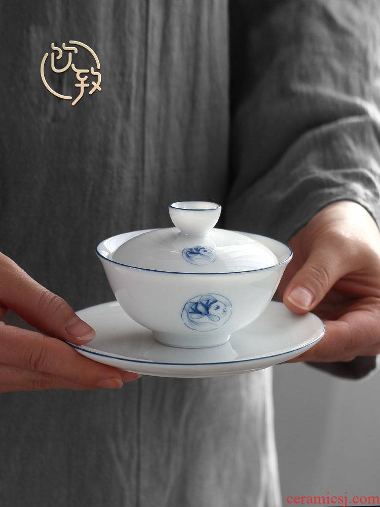 Ultimately responds to thin white porcelain jingdezhen blue and white tureen sweet white hand draw small manual tire three tea bowl of tea cups