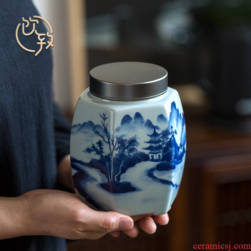 Ultimately responds to hand draw large ceramic tea canister to aluminum alloy cover seal pot kung fu tea storage POTS of household