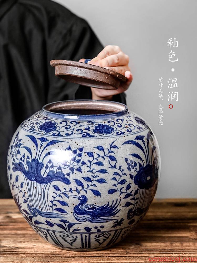 Blue and white yuanyang tea caddy fixings seal pot jingdezhen hand - made large storage tanks archaize puer tea boxes