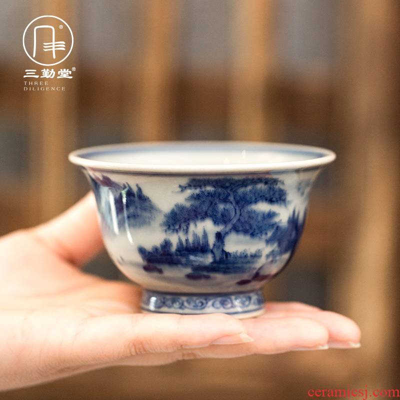 Three frequently hall sample tea cup jingdezhen ceramic cups kung fu tea master cup single cup of blue and white landscape small cup