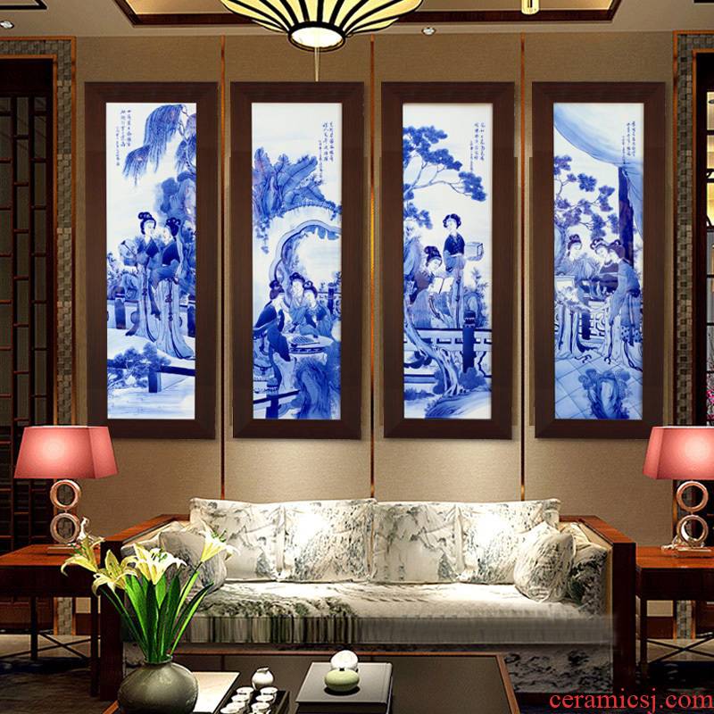 Jingdezhen blue and white porcelain plate painting unique American four screen home sitting room adornment study background wall hang a picture
