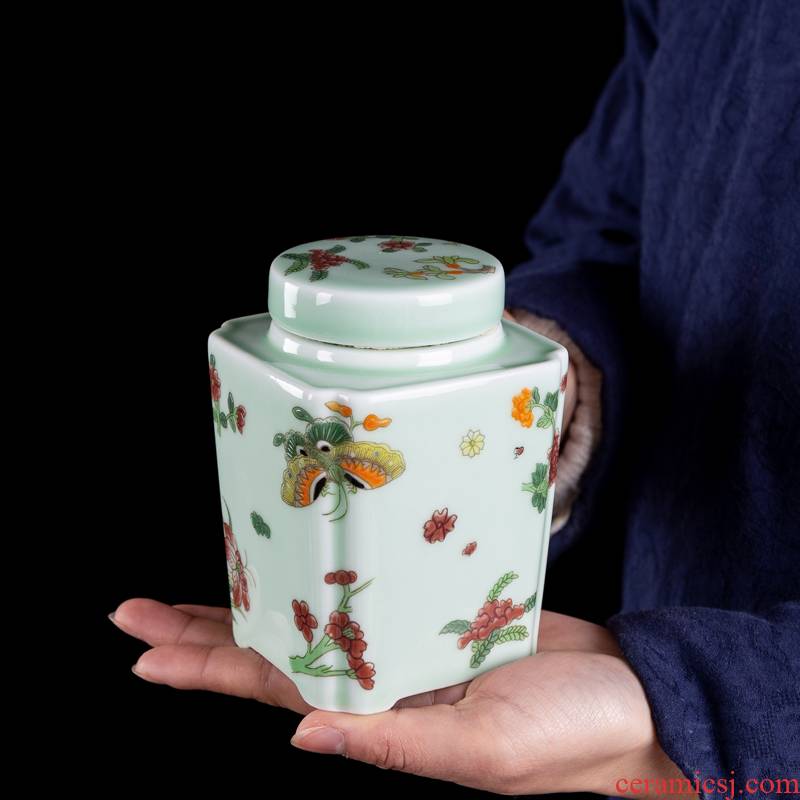 Big yards, celadon ceramic tea set portable pu - erh tea storage box storage tanks seal tank large caddy fixings