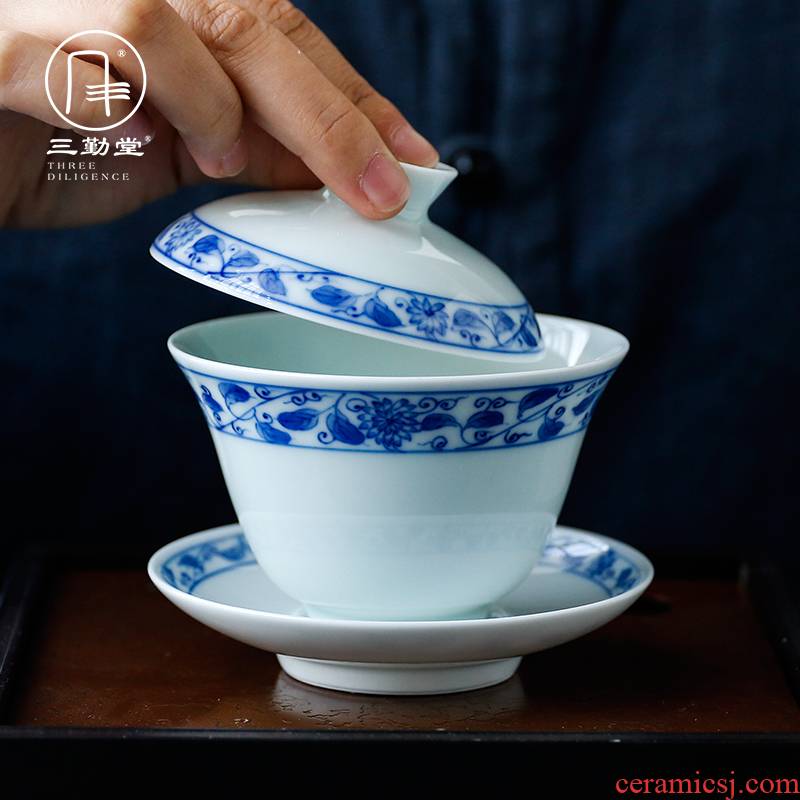 The three frequently tureen suit household sample tea cup of jingdezhen ceramic hand - made kung fu tea set S13006 blue tie up branches