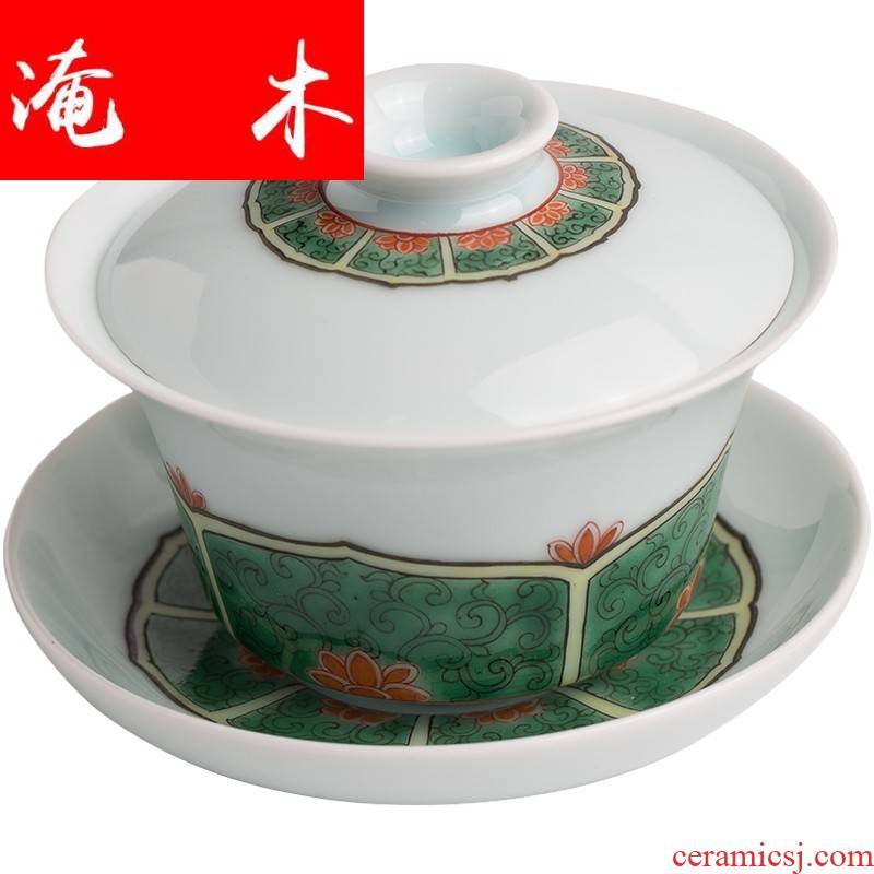 Flooded jingdezhen, lotus - shaped wood grain only three tureen hand - made colors make tea tea bowl, cover glass ceramic kung fu tea set