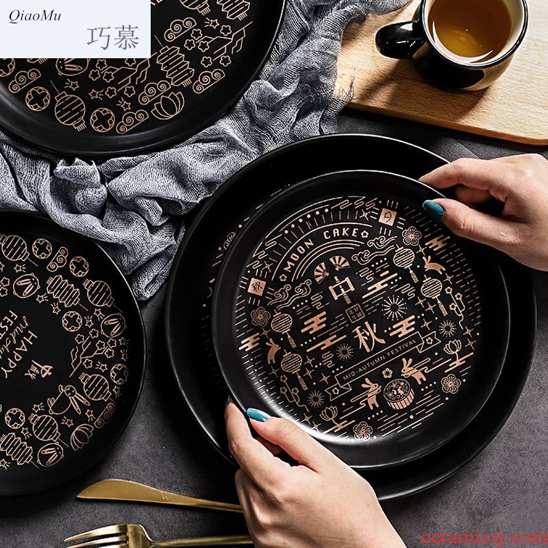Qiao mu high - grade gold printing ceramic plate moon cakes Mid - Autumn festival snack dish dish tray was holiday gift decoration