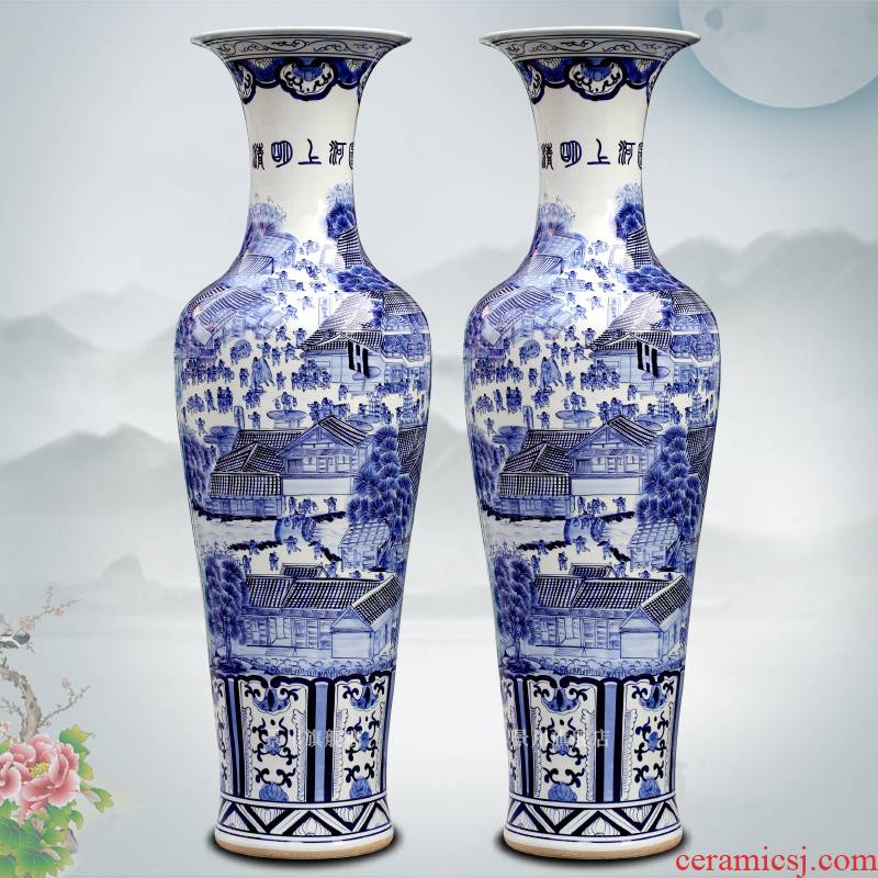 Hand draw qingming scroll goddess of mercy bottle porcelain of jingdezhen ceramics of large blue and white porcelain vase sitting room big furnishing articles