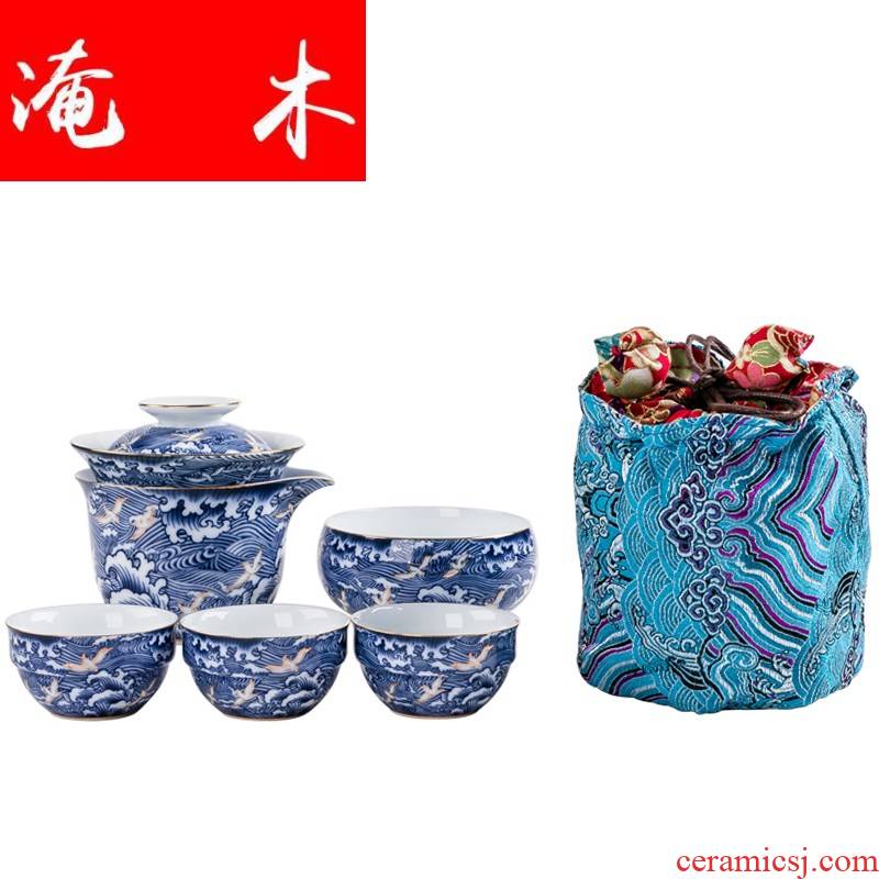 Flooded wood regimen yiping blue and white porcelain crack a pot of three Japanese household dry tea with portable travel