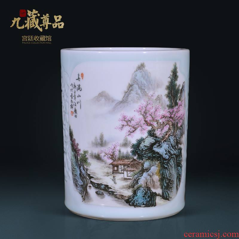 Jingdezhen ceramics hand - made scenery brush pot sitting room porch Chinese TV ark, flower arranging decorative vase furnishing articles