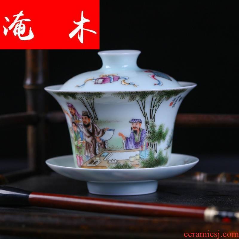 Submerged wood jingdezhen Jin Hongxia famille rose porcelain tea set hand - made tureen three cup ceramic bowl cover cup package mail