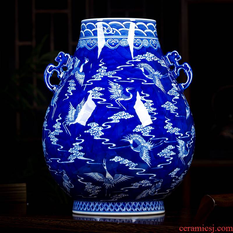 Jingdezhen ceramics hand - made of archaize f barrel of blue and white porcelain vase big ears cranes porcelain decorative furnishing articles