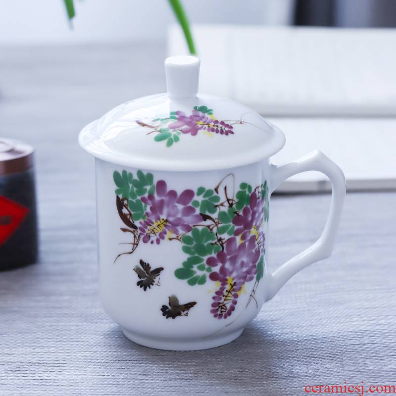 Jingdezhen ceramic hand - made office cup under the glaze colorful tea tea large white porcelain office take with cover