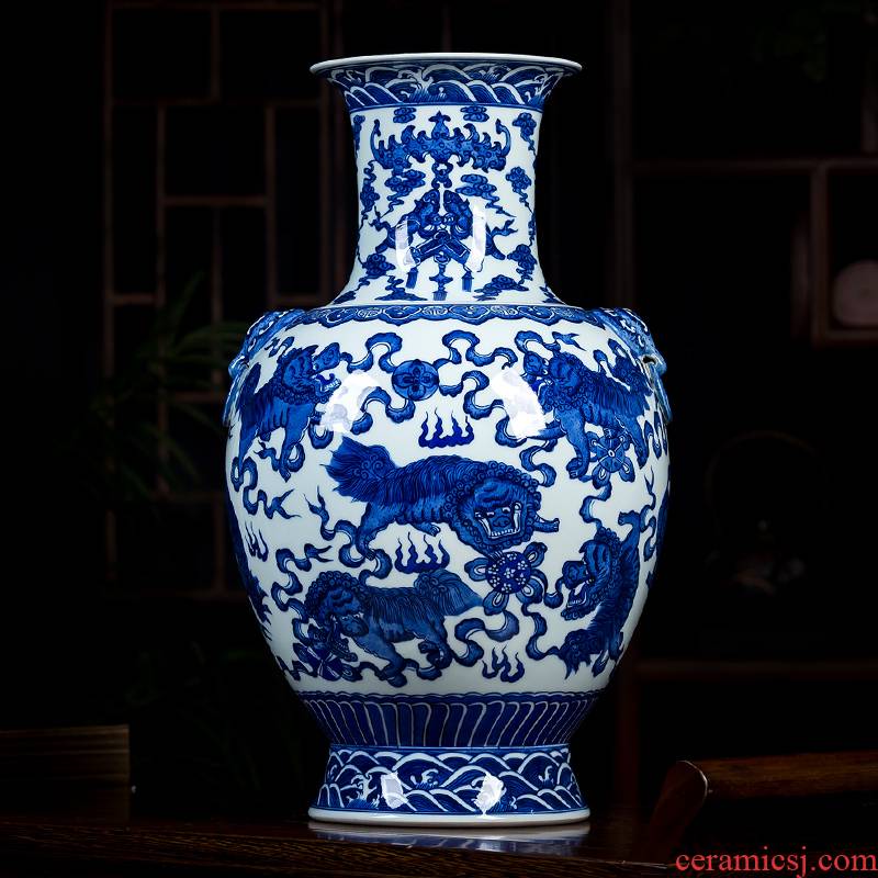 Jingdezhen ceramics glaze color hand - made the ears of the blue and white porcelain vase under the classical Chinese style household act the role ofing is tasted furnishing articles in the living room
