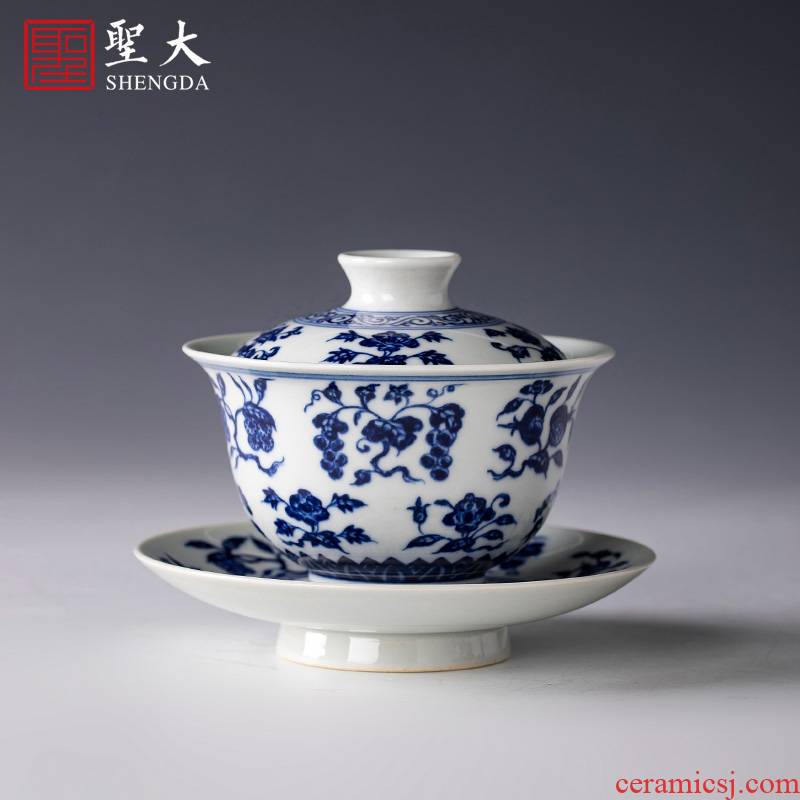 St large ceramic three tureen pure hand - made flowers and blue and white folding branches grain tureen tea bowl of jingdezhen tea service by hand