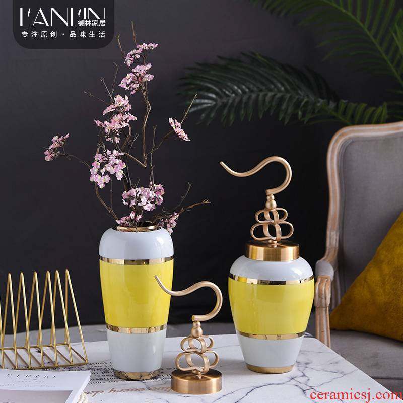 New Chinese style copper cover ceramic vase furnishing articles sitting room simulation flower arranging flowers dried flower decoration simple table decoration