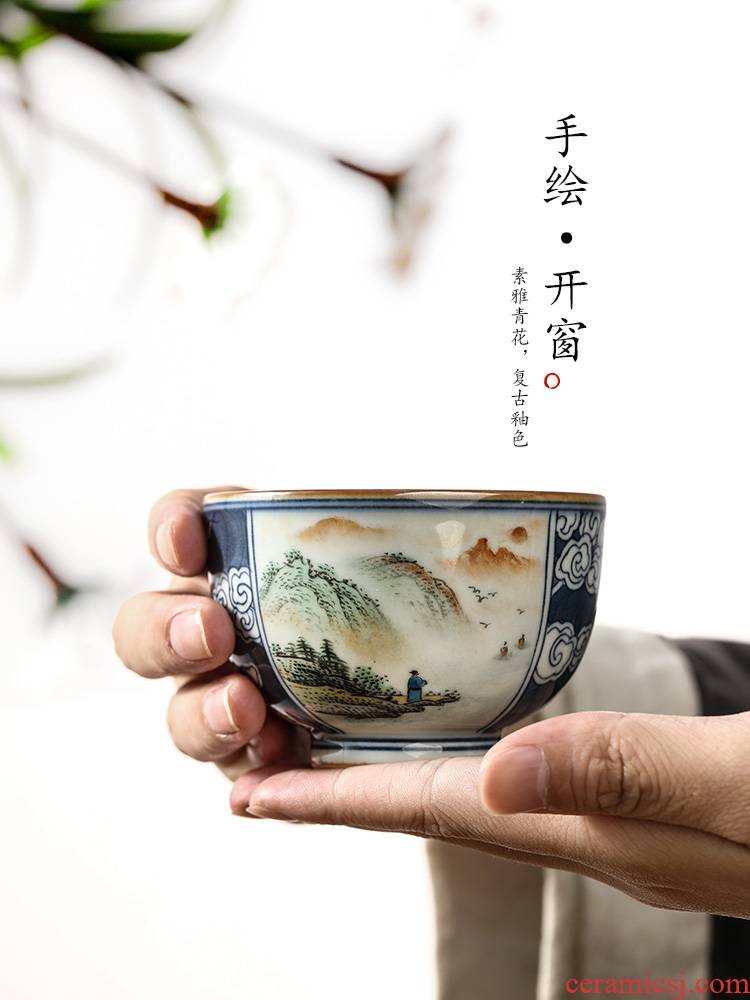 Jingdezhen blue and white master cup single cup pure manual sample tea cup single bucket kung fu tea teacups hand - made of scenery