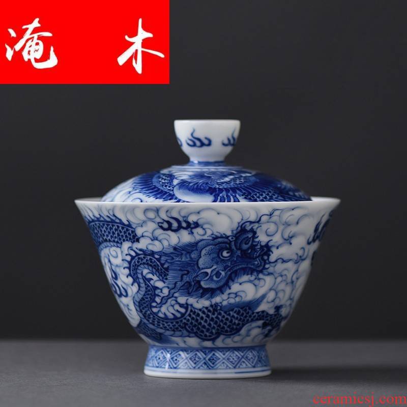 Submerged wood jingdezhen blue and white dragon ceramics all hand only three tureen kung fu tea bowl cups of tea