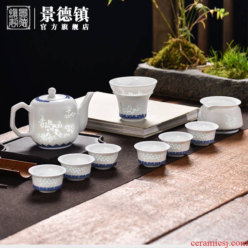 Jingdezhen blue and white porcelain flagship store Chinese style restoring ancient ways of household kung fu tea set reasonable teapot single CPU)