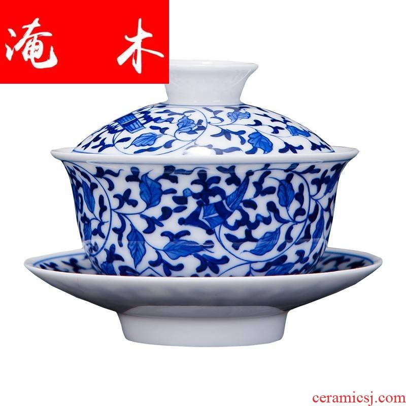 Flooded the wooden hand by hand in blue and white porcelain tureen tea sets jingdezhen kung fu tea set three bowl of tea bowl