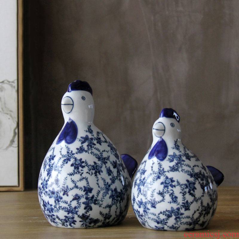 Jingdezhen ceramic chicken furnishing articles crafts checking antique piece of chicken sitting room open the parent - child of blue and white porcelain decoration