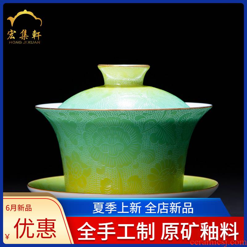 Gradient tureen bowl grilled pastel flowers cup pure manual jingdezhen ceramic large - sized kung fu tea tea bowl