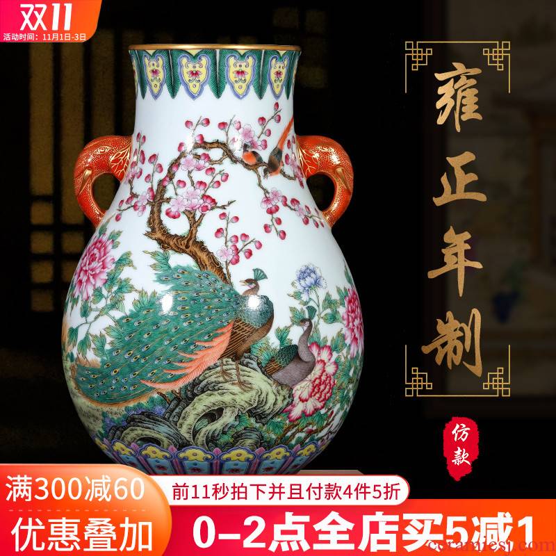 Jingdezhen ceramics hand - made archaize pastel double vase furnishing articles sitting room listen barrel flower arrangement sitting room adornment
