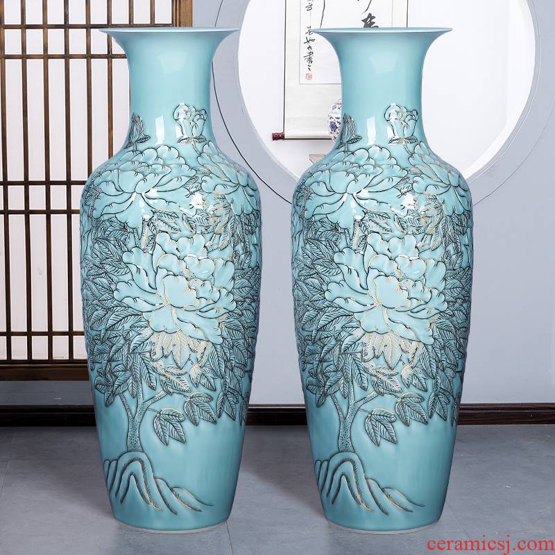 Jingdezhen ceramics anaglyph hand - made paint floor large vases, large sitting room adornment is placed gifts of new Chinese style