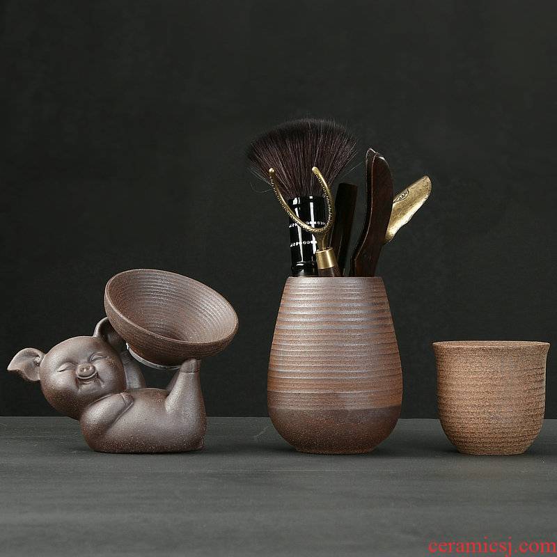 Japanese coarse pottery checking mud rock tea set of 6 gentleman kung fu tea accessories ChaZhen tea art ChaGa tea knife