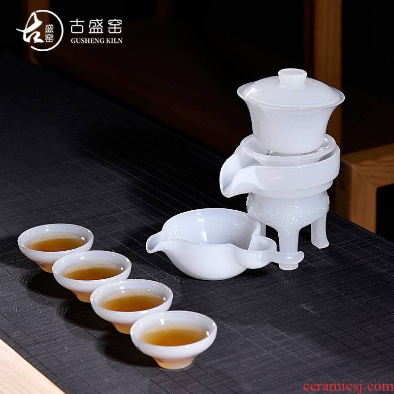 The ancient jade white jade porcelain of a complete set of kung fu sheng up new four people all semi - automatic lazy tea home office suits for