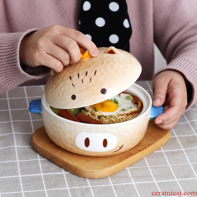 Lovely children eat rice bowl dormitories domestic large soup bowl Japanese girl heart ceramic piggy mercifully rainbow such as bowl with cover
