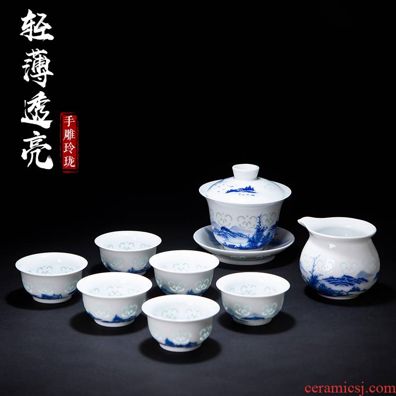 Hand made blue and white and exquisite landscape tureen tea bowl ceramic kung fu tea set white porcelain teapot teacup